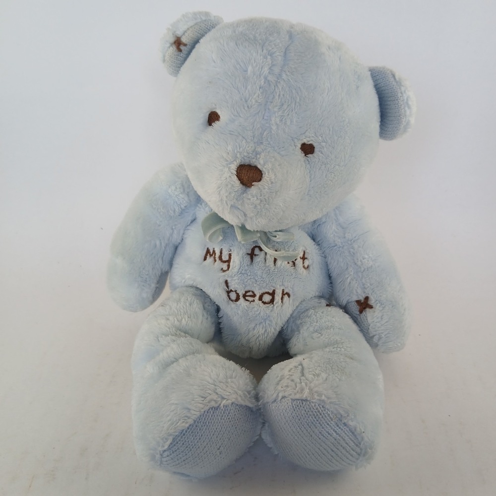 Carters Blue My First Bear Bow Plush Stuffed Baby Rattle Just One Year 9"